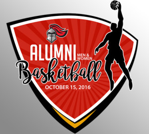 Red basketball event logo featuring a knight's helmet and a player silhouette with text "Alumni Men & Women Basketball, October 15, 2016.