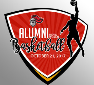 Shield logo with a knight helmet, text "ALUMNI MEN & WOMEN Basketball, October 21, 2017", and silhouette of a basketball player on a starburst background.