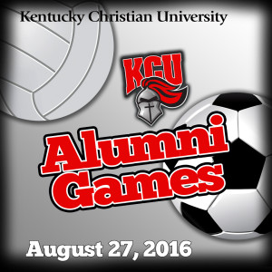 Red and white text reading "Alumni Games" with a volleyball and soccer ball against a gray background, accompanied by a knight helmet logo.
