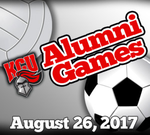 Graphic featuring the text 'KCU Alumni Games' in bold red letters with a knight logo and images of a soccer ball and a partial volleyball.