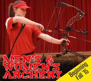A person in a red shirt is aiming a bow and arrow indoors. The text on the image reads, "MEN'S & WOMEN'S" and "JOIN TODAY" on a yellow banner.