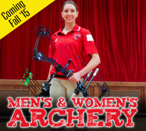 Person in a red shirt holding a bow in one hand and arrows in the other, standing in front of a red curtain. Text reads "MEN'S & WOMEN'S". Top corner banner says "Partic".