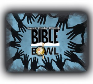 A graphic for the Kentucky Christian University Bible Bowl featuring silhouettes of hands forming a circle around the event name, with a university seal at the center.