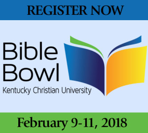 Logo for the Bible Bowl at Kentucky Christian University, featuring an open book icon with blue, green, and yellow pages.
