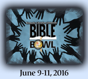 A promotional image for Kentucky Christian University's Bible Bowl. The background features multiple hand silhouettes reaching upwards with the text "BIBLE BOWL" prominently displayed in the center.