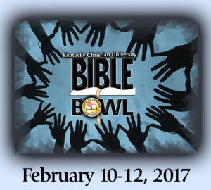 Kentucky Christian University's Bible Bowl logo with multiple black silhouetted hands reaching outwards in the background.