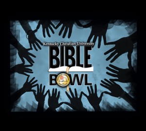 Promotional image for Kentucky Christian University's Bible Bowl competition, featuring silhouettes of hands arranged in a circular pattern around the event name.