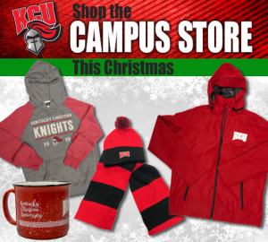 A display featuring winter apparel from Kentucky Christian University's campus store, including a hoodie, a winter hat and scarf, a red jacket, and a mug, set against a snowy backdrop.