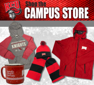 Image displaying merchandise from the "Knight's Campus Store" including a gray and red hoodie, a red jacket, a red and black scarf, a matching beanie, and a mug.