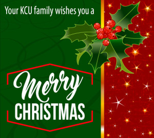 A festive greeting card with "Merry Christmas" text, holly leaves and berries, a red background with stars, and a green border.