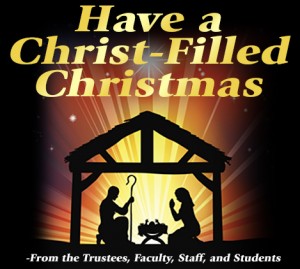 Silhouetted nativity scene under a shelter with text "Christ-Filled Christmas" at the top. The background features radiant light and a starry sky.