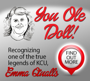 Illustration of a person with curly hair next to the text "You Ole Doll!" and "Recognizing one of the true legends of KCU," with a "Find Out More" button.