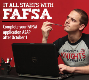 A person on a laptop holds a pen to their mouth, contemplating next steps with the caption "Complete your FAFSA application ASAP after October 1" and "FAFSA" text above.