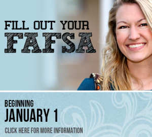 A woman smiling next to the text "Fill Out Your FAFSA" and "Beginning January 1". The background is a blurred indoor setting.