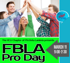 A group of people joining hands in excitement. Text reads: "The KCU Chapter of Phi Beta Lambda presents FBLA March 11, 9:00-2:30.