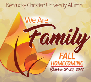 Text reads "We Are Family" and "Fall Homecoming" on a background with abstract orange and yellow leaf shapes.