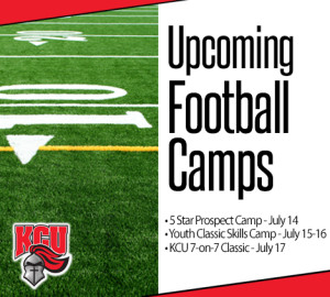Advertisement for upcoming football camps on a field background. Events include a 5 Star Prospect Camp on July 14 and Youth Classic Skills Camp on July 15-16.