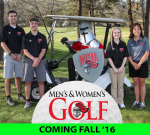 Group of four people and a mascot in knight armor standing next to a golf cart on a course. Text on the image reads "KCJ Men's & Women's Golf.