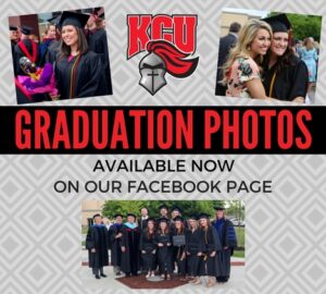 Collage with graduation photos and people in caps and gowns. Text reads, "Graduation Photos Available Now on Our Facebook Page." An emblem of a knight's helmet with red details is also featured.