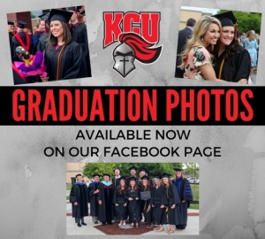 Banner displaying "Graduation Photos, Available Now on Our Facebook Page" with three images showing graduates in gowns and caps, one image with flowers, and a logo featuring a helmet and red plume.