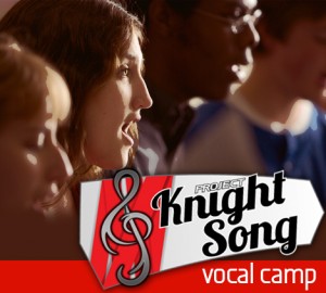 A woman singing with a group, the image also shows a logo for "Project Knight Song" with a musical note on a red and white background.