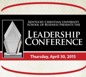 Banner for the Leadership Conference presented by Kentucky Christian University School of Business, featuring a trophy image and the date Thursday, April 30, 2015.