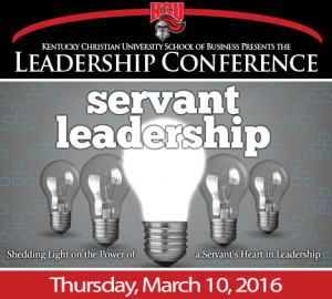 A promotional image for a Leadership Conference featuring the theme "servant leadership" with a central lit light bulb and four unlit light bulbs behind it.