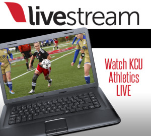 Image of a laptop displaying a live soccer match with players in action. Text on the image reads, "Watch KCU Athletics LIVE.