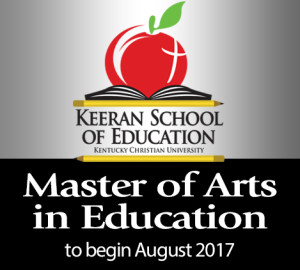 Logo for the Keeran School of Education at Kentucky Christian University, featuring an open book, cross, and the text "Master of Arts in Education.