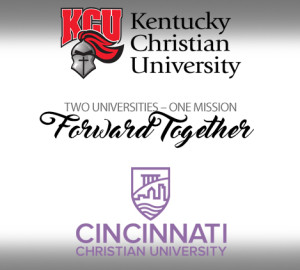 A crest with a knight's helmet next to the words "Christian University," below which is written "Two Universities - One Mission Forward Together" with a purple shield emblem at the bottom.