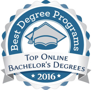 A circular emblem with the text "Best Online Programs. Top Online Bachelor's Degree." Features a graduation cap icon in the center.
