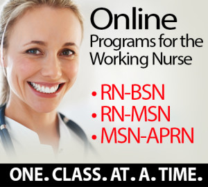 A smiling nurse with a stethoscope around her neck beside the text "Programs for the Working Nurse: RN-BSN, RN-MSN, MSN-APRN.