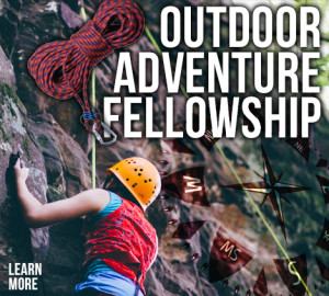 Person wearing a helmet and climbing gear scaling a rock face. Text overlay reads "ADVENTURE FELLOWSHIP.
