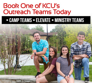 Four people, three sitting and one kneeling, smile outdoors near trees and a building. Text above reads: "Camp Teams • Elevate • Ministry Teams.
