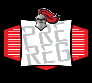 A stylized image features a knight helmet above the large capital letters "PRE REG" on a white background, with red and black decorative elements on the sides.