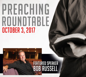Poster for a Preaching Roundtable event on October 3, 2017, featuring a speaker holding a book. An inset photo of a smiling individual is also included.