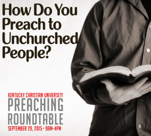 A person holding an open Bible with the text "Preach to Unchurched People?" and "Kentucky Christian University Preaching" displayed on the image.