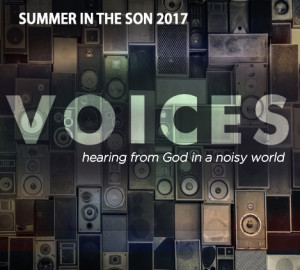 A collage of various speakers with the text "VOICES" and "hearing from God in a noisy world" overlaid on top.