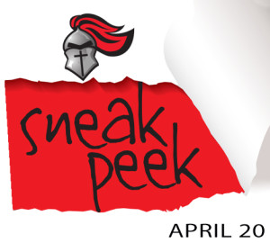 Image shows red text "sneak peek" written on a torn piece of paper with a depiction of a helmet and cross at the top.