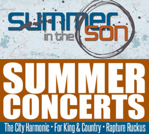 Promotional poster for "Summer in the Son" featuring text "SUMMER CONCERTS" in bold white letters over a brown background.