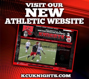 Screenshot of Kentucky Christian University's new athletics website, featuring a soccer match in the foreground with players in action and the university's logo and branding in the background.