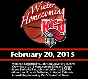 Homecoming event poster for KCU featuring a basketball and a knight’s helmet logo. The event is on February 20, 2015, with women’s basketball vs. Johnson University at 6:00 PM.