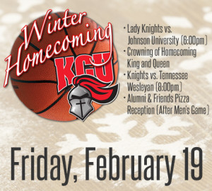 Flyer for KCU Homecoming on Friday, February 10. Events include basketball games against Johnson University and Tennessee Wesleyan, crowning of Homecoming King and Queen, and an alumni pizza reception.