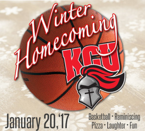 Basketball with "Winter Homecoming KGU" text overlay and a knight helmet graphic in the foreground.