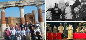 Collage of three images: a group posing in front of ancient ruins, a black-and-white scene with two individuals in medieval attire, and a group performing in historical costumes on a decorated stage to celebrate their recent KCU Degrees.