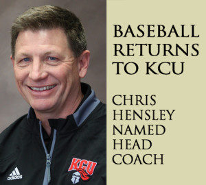 A man in a black jacket smiling. Text next to him reads: "Baseball Returns to KCU. Chris Hensley Named Head.