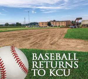 Construction equipment working on a baseball field renovation. A baseball and the words "Baseball Returns" are in the foreground.