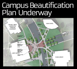 A site plan showing the layout of various buildings and pathways, including Wayne B. Smith Center for Christian Leadership, Nash Chapel, and Lusby Center, with trees and parking spaces.