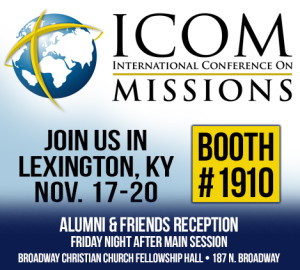 Graphic promoting the International Conference on Missions in Lexington, KY from Nov. 17-20, featuring a booth #1910 and highlighting an alumni & friends reception.