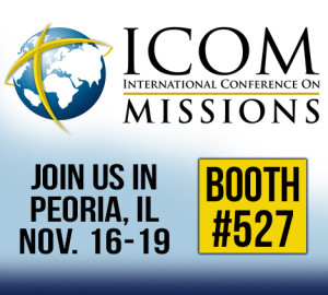 Banner for the International Conference on Missions (ICOM) featuring event dates, November 16-19, in Peoria, IL, with a highlighted booth number 527. A globe and a cross are part of the logo.
